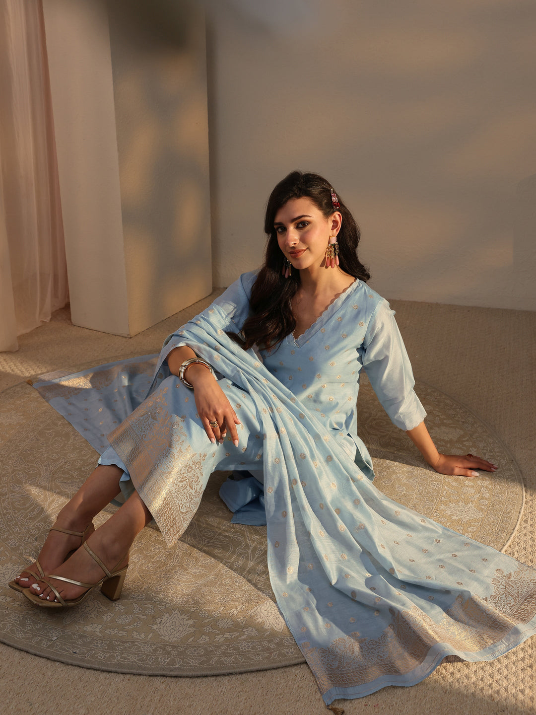 Buy Libas Blue Woven Design Chanderi Silk Straight Suit Set With Dupatta Online in United States at $79.00