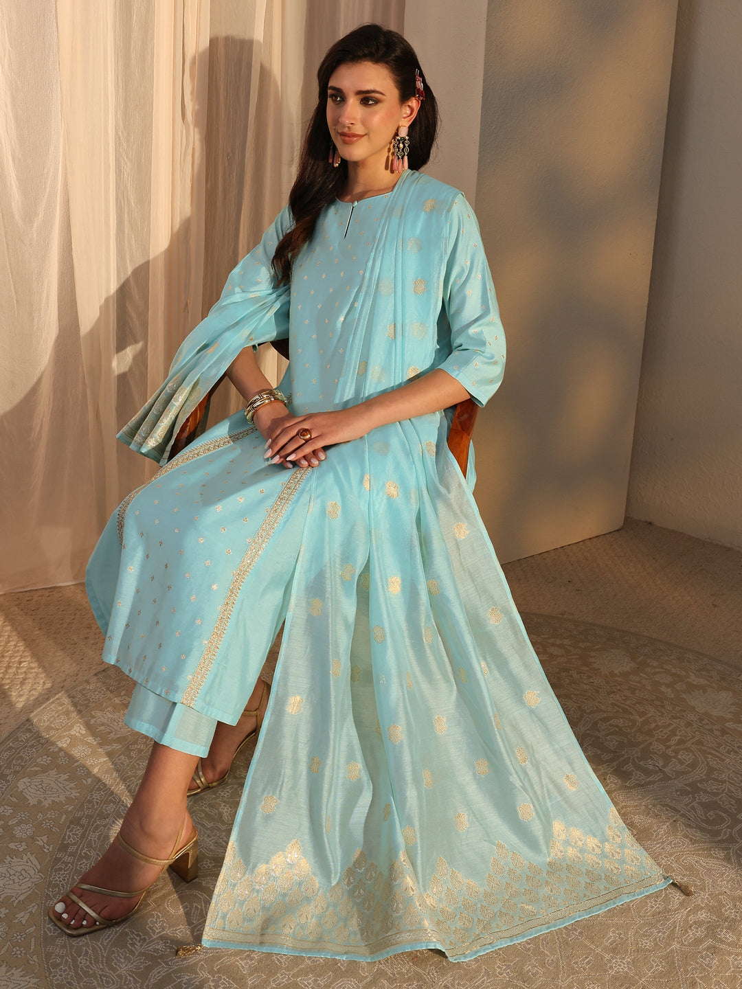 Buy Libas Blue Woven Design Chanderi Silk Straight Suit Set With Dupatta Online in Canada at $79.00