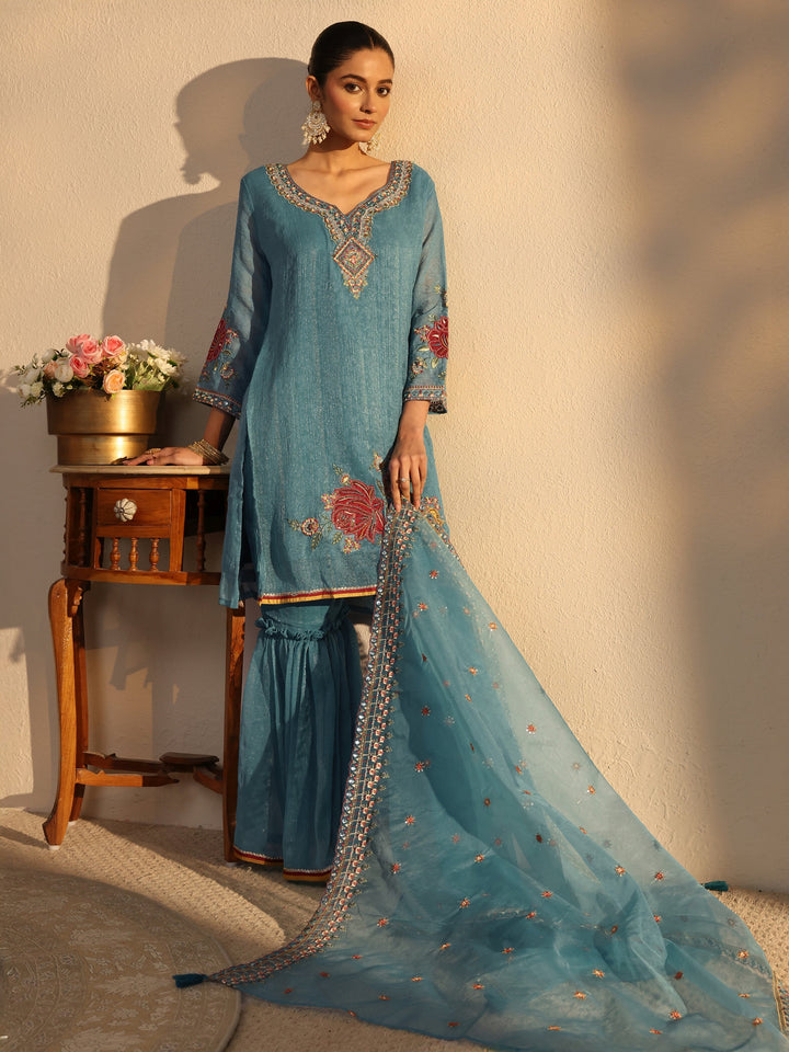 Blue Woven Design Chiffon Straight Suits Set With Dupatta