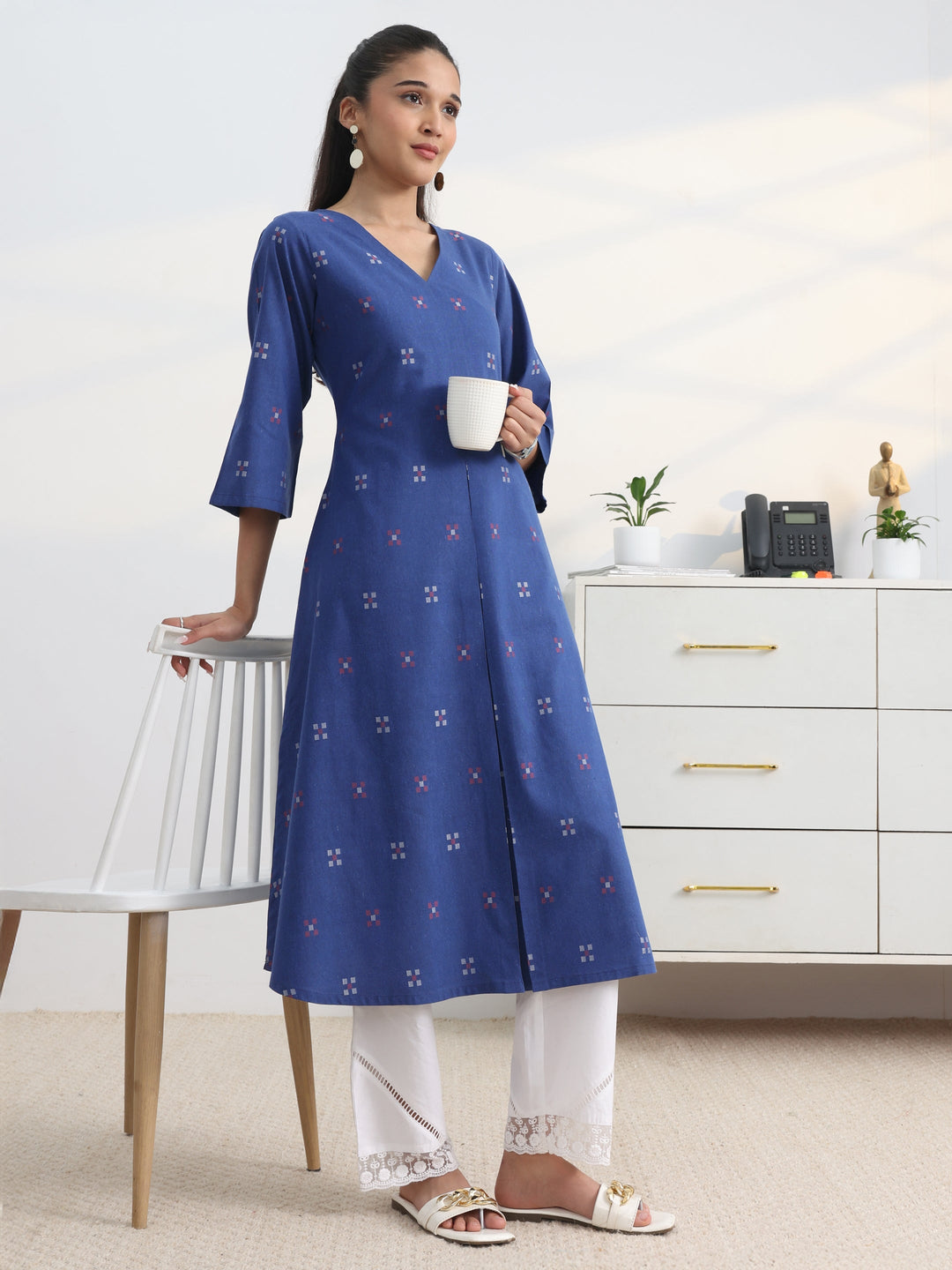 Blue Woven Design Cotton Blend A-Line Kurta Set