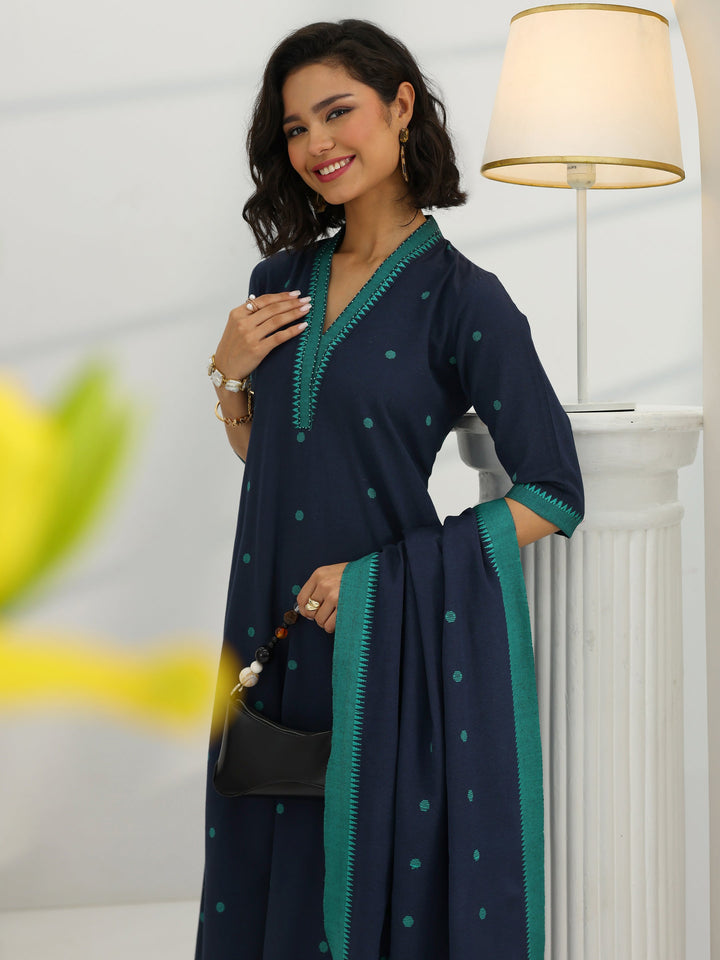 Blue Woven Design Cotton Blend A-Line Suit Set With Dupatta