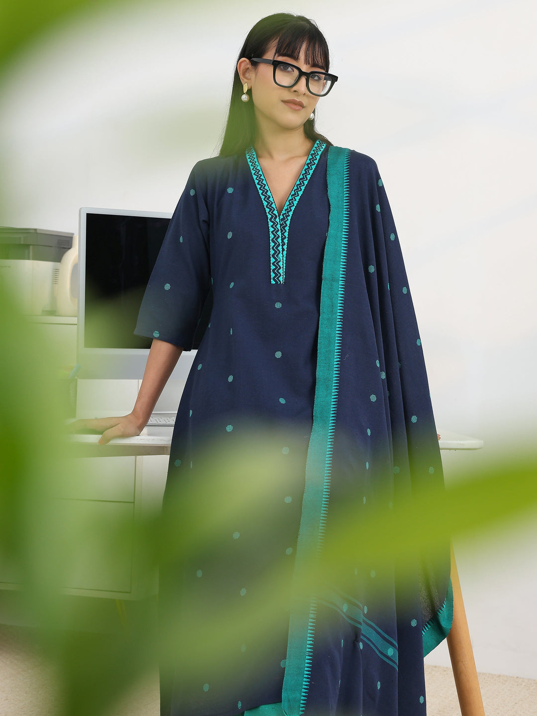 Blue Woven Design Cotton Blend A-Line Suit Set With Dupatta
