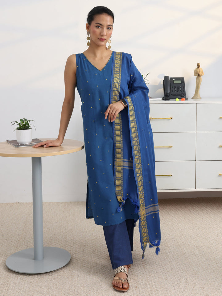 Blue Woven Design Cotton Blend Straight Suit Set With Dupatta