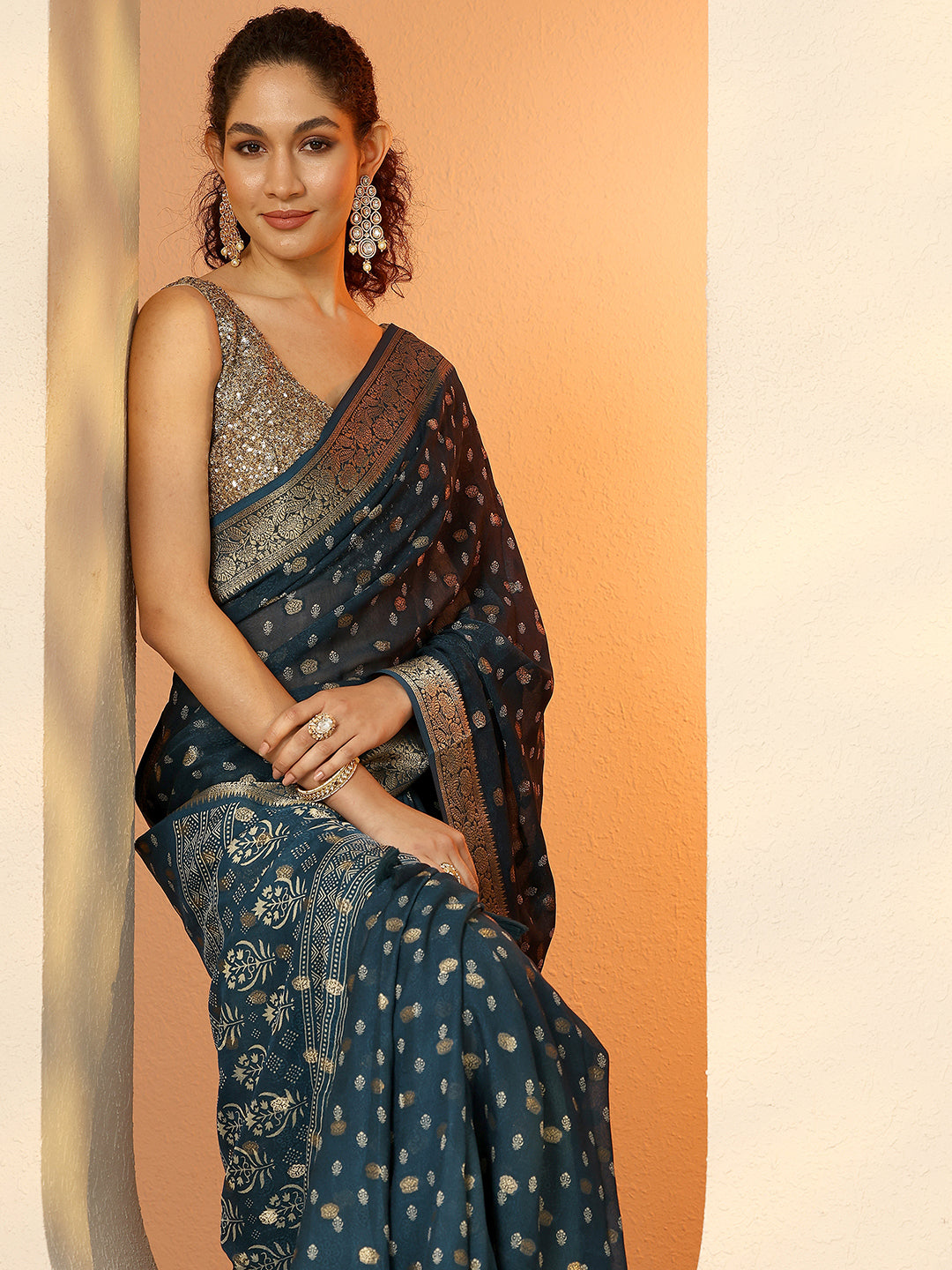 Blue Woven Design Georgette Saree With Unstitched Blouse Piece