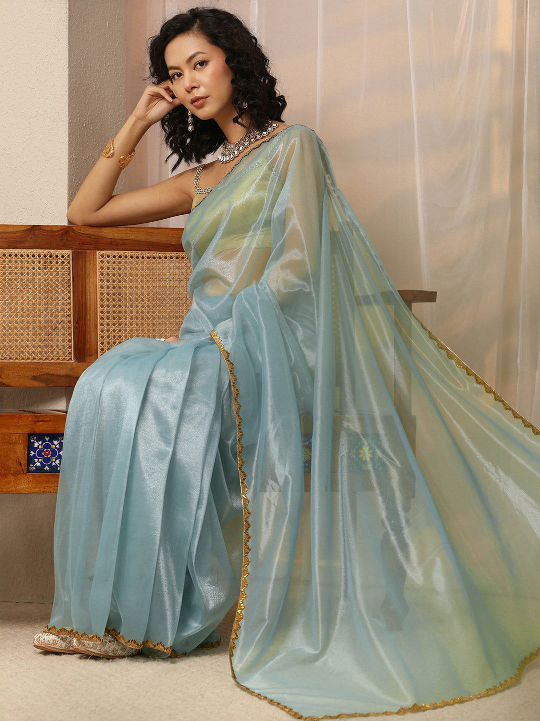 Blue Woven Design Net Saree With Unstitched Blouse Piece