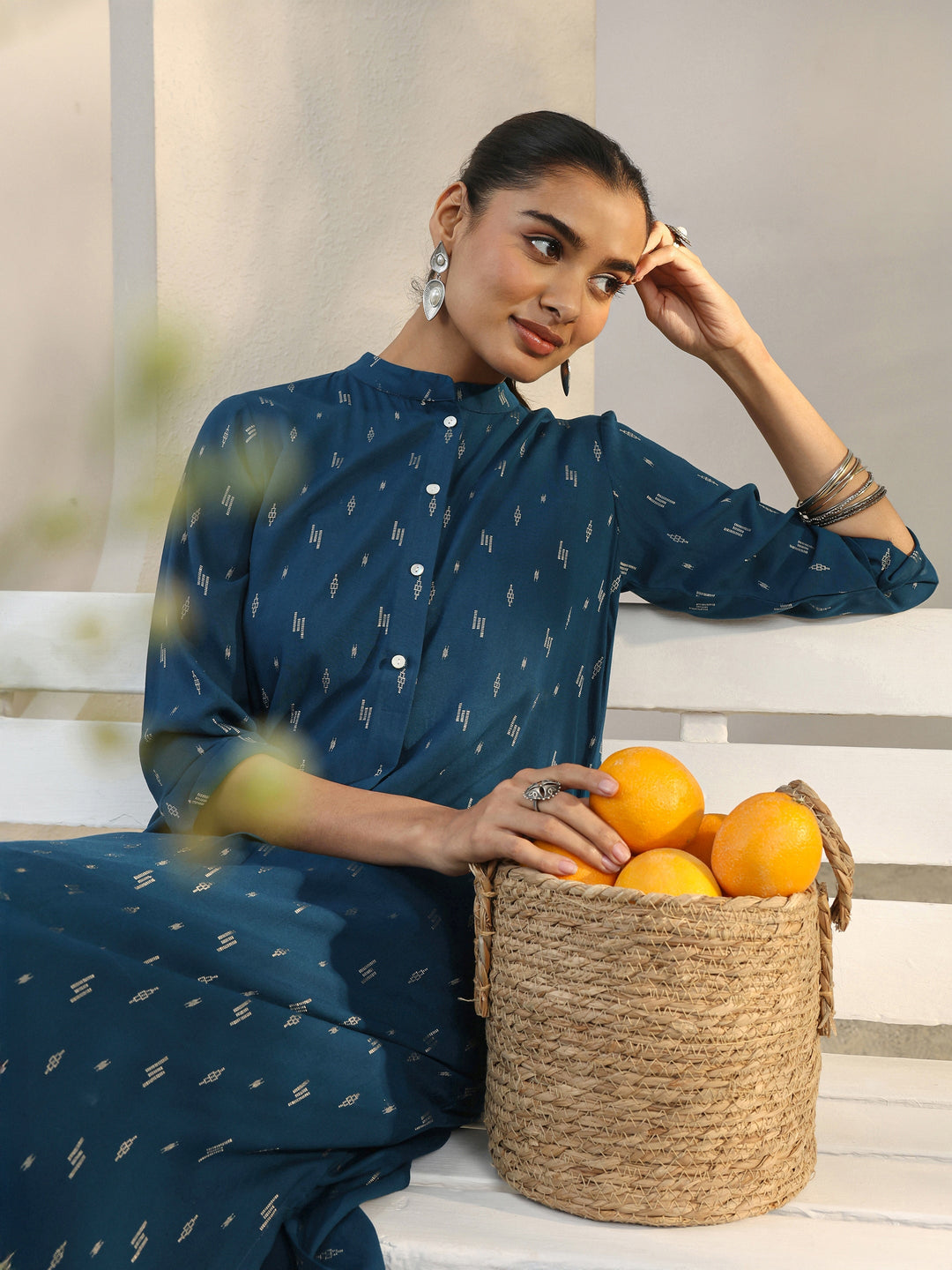 Blue Woven Design Rayon Straight Kurta