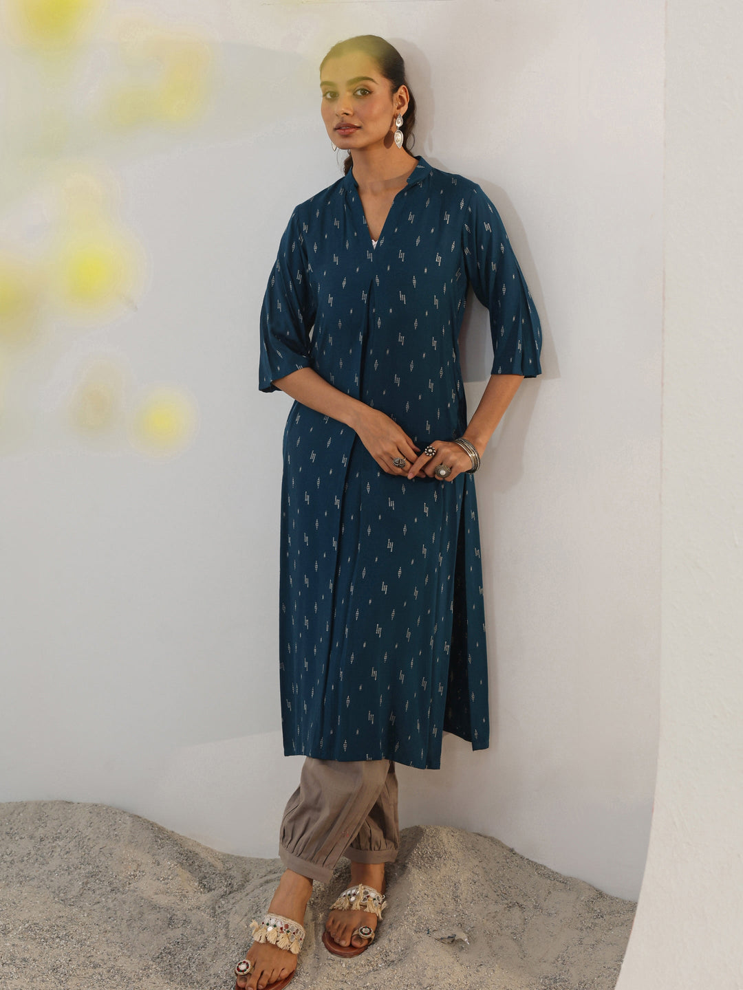 Blue Woven Design Rayon Straight Kurta