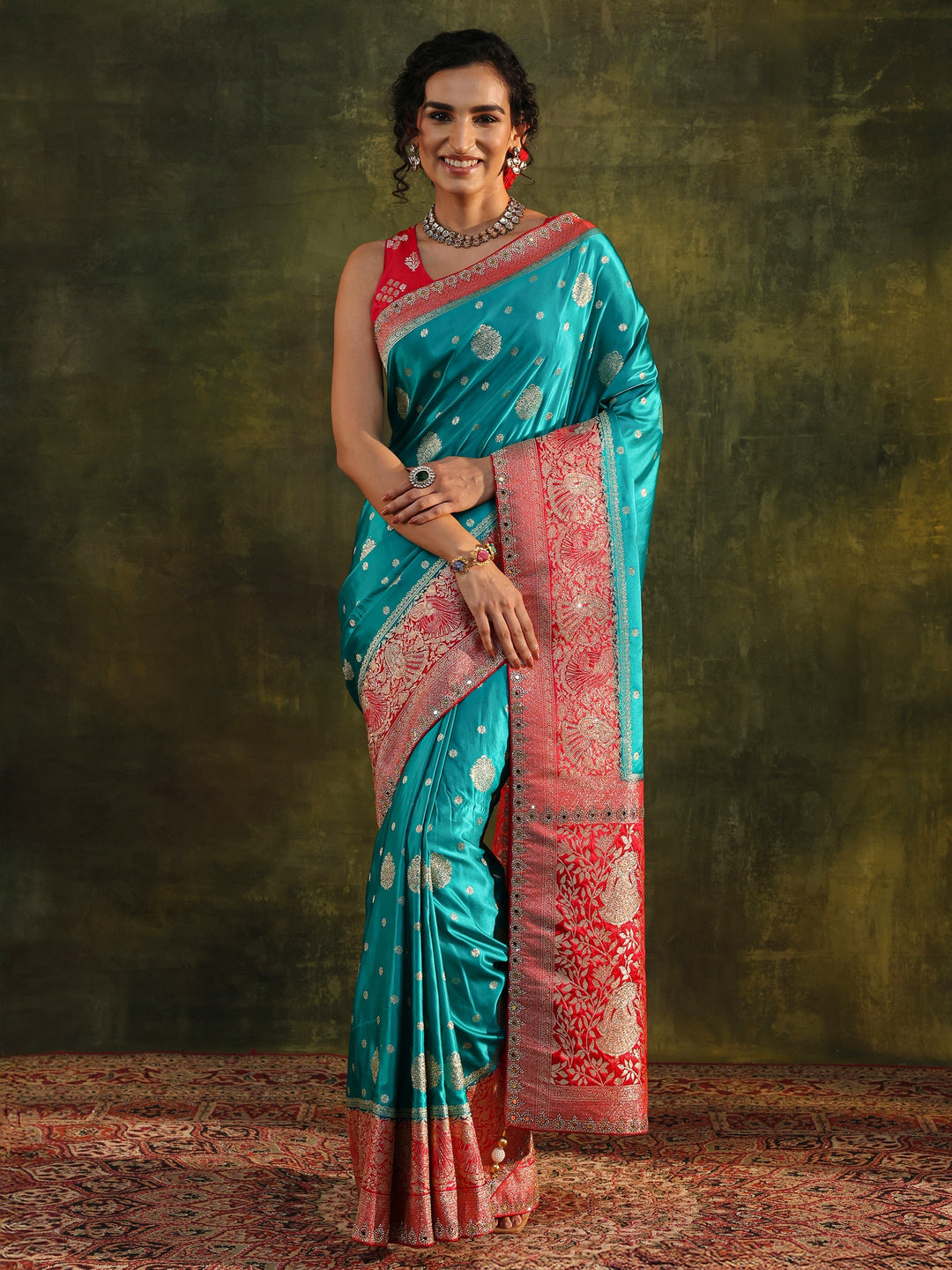 Libas Blue Woven Design Satin Banarasi Saree With Unstitched Blouse Piece