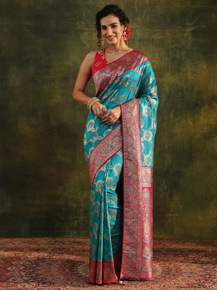 Blue Woven Design Silk Blend Banarasi Saree With Unstitched Blouse Piece