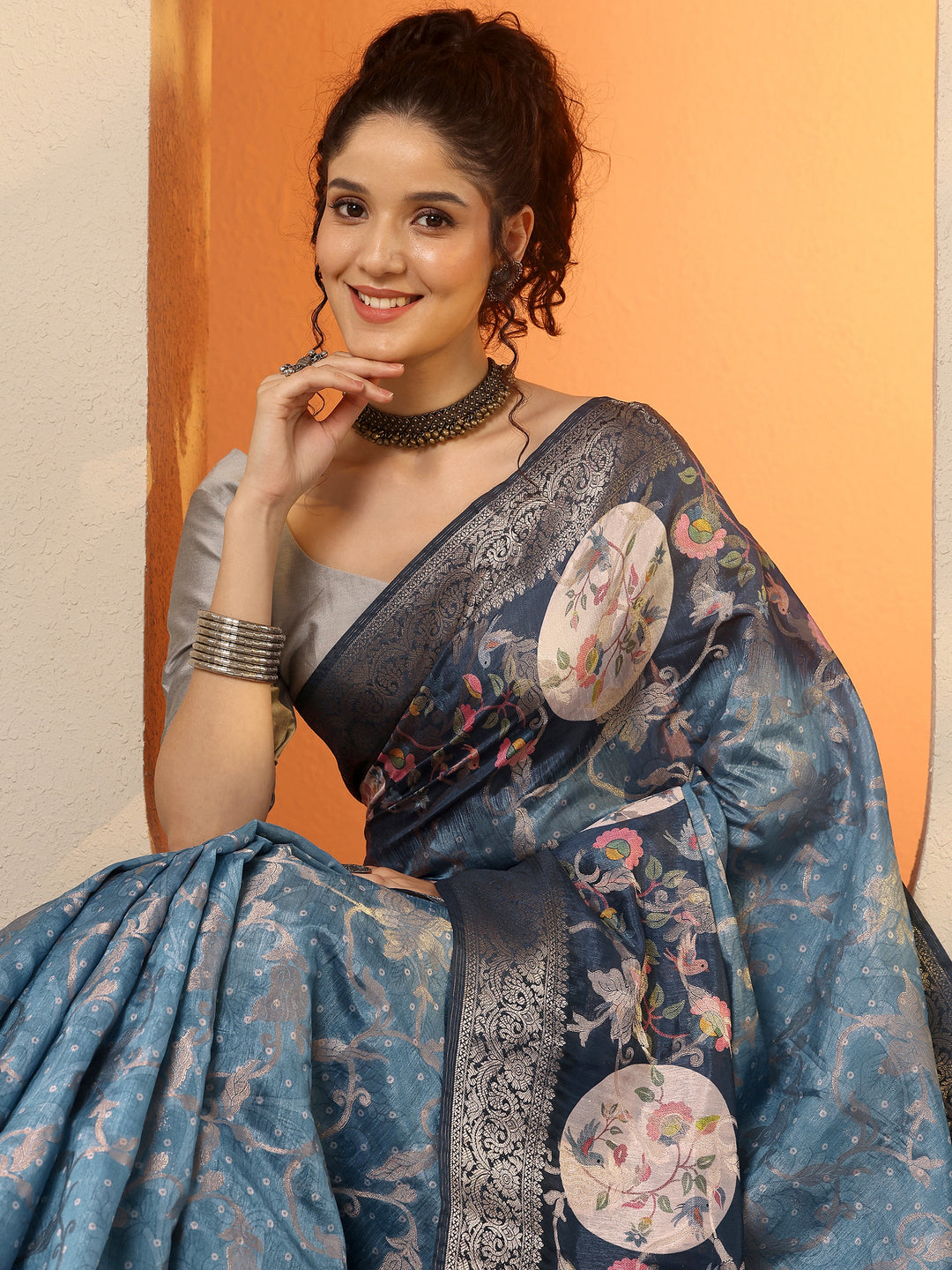 Blue Woven Design Silk Blend Saree With Unstitched Blouse Piece