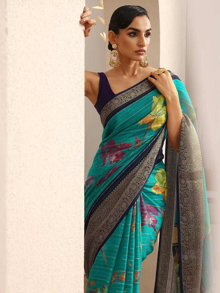 Blue Woven Design Silk Blend Saree With Unstitched Blouse Piece