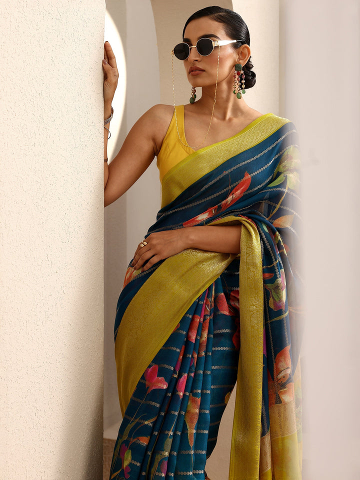 Blue Woven Design Silk Blend Saree With Unstitched Blouse Piece