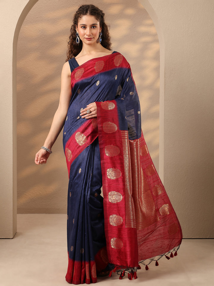 Blue Woven Design Silk Blend Saree With Unstitched Blouse Piece