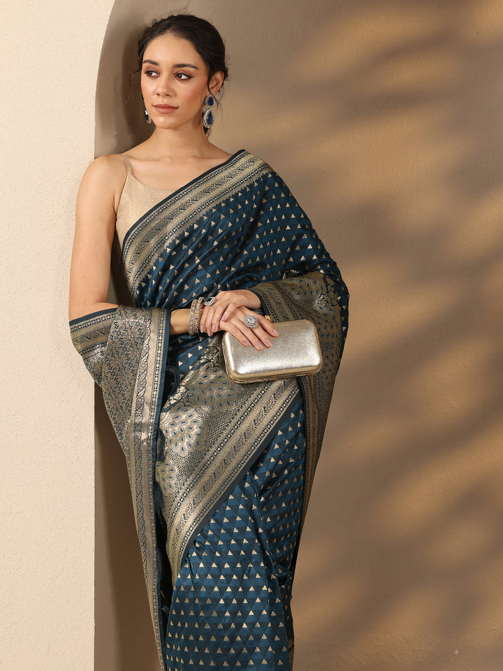 Blue Woven Design Silk Blend Saree With Unstitched Blouse Piece
