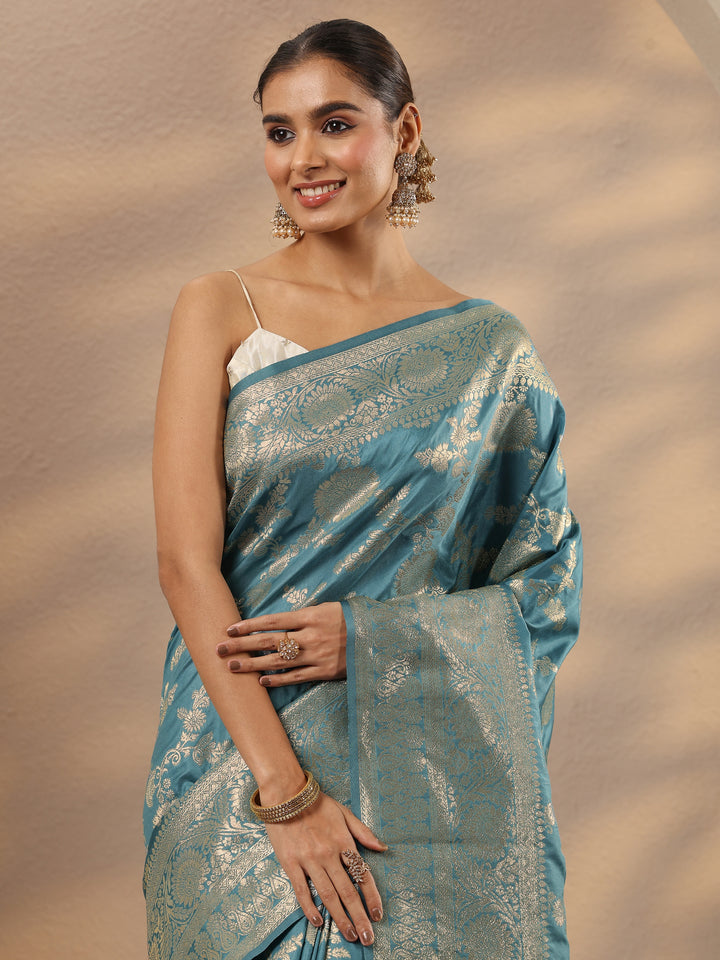 Blue Woven Design Silk Blend Saree With Unstitched Blouse Piece