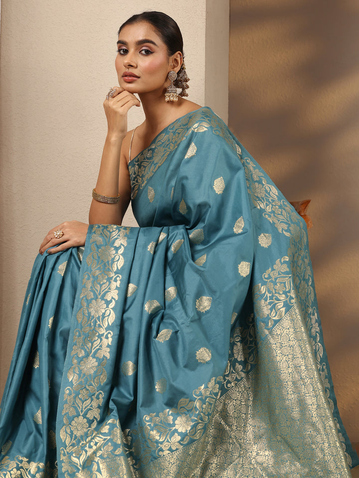 Blue Woven Design Silk Blend Saree With Unstitched Blouse Piece