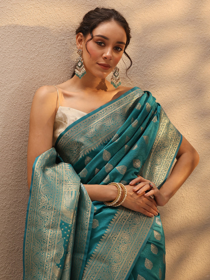 Blue Woven Design Silk Blend Saree With Unstitched Blouse Piece