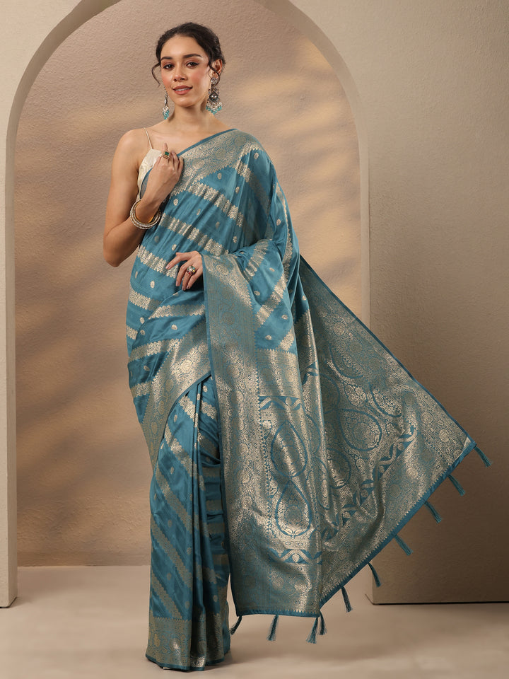Blue Woven Design Silk Blend Saree With Unstitched Blouse Piece