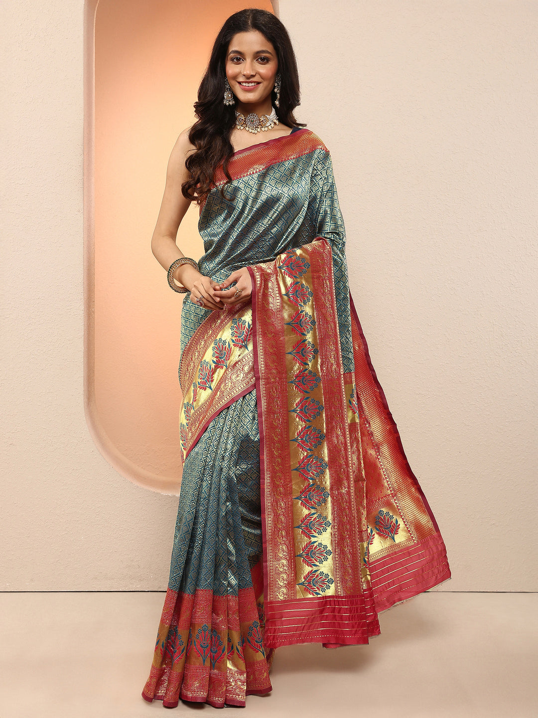 Blue Woven Design Silk Blend Sarees With Unstitched Blouse Piece