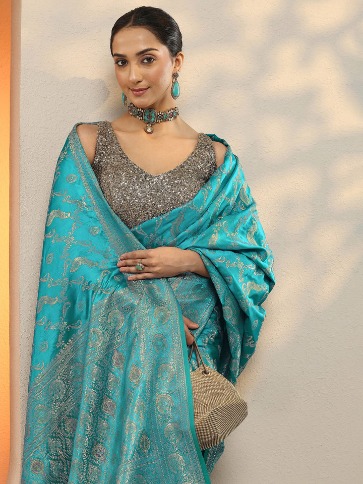 Blue Woven Design Silk Blend Sarees With Unstitched Blouse Piece