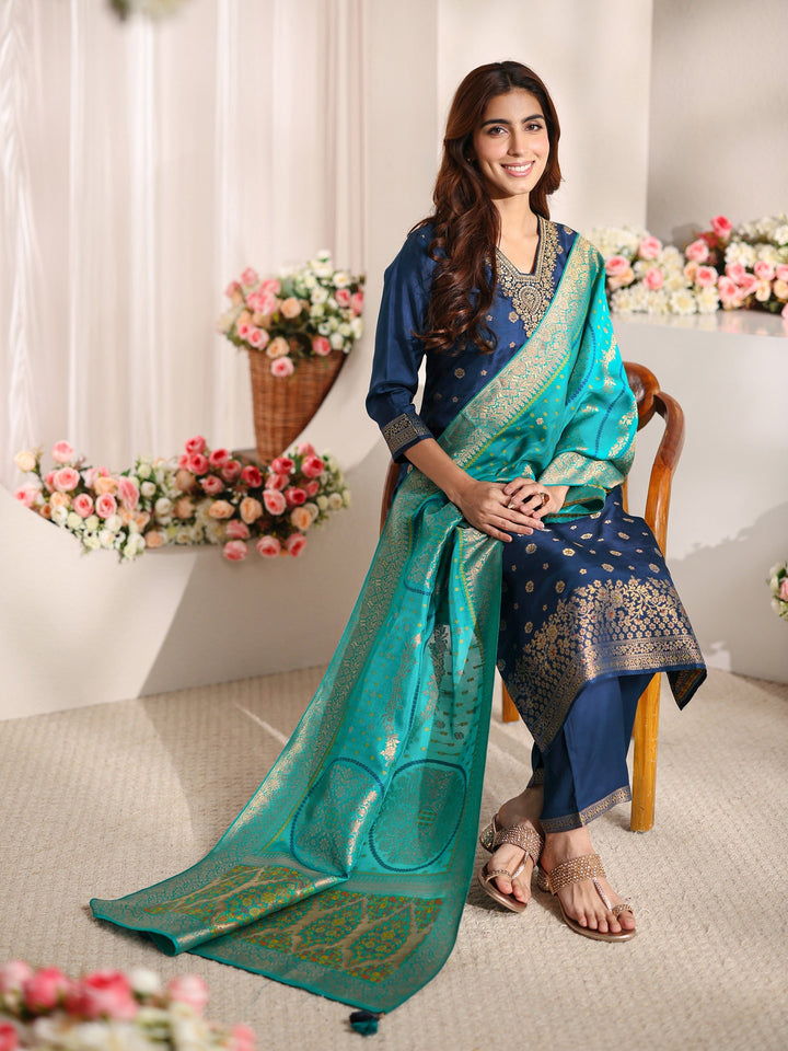 Blue Woven Design Silk Blend Straight Suit Set With Dupatta