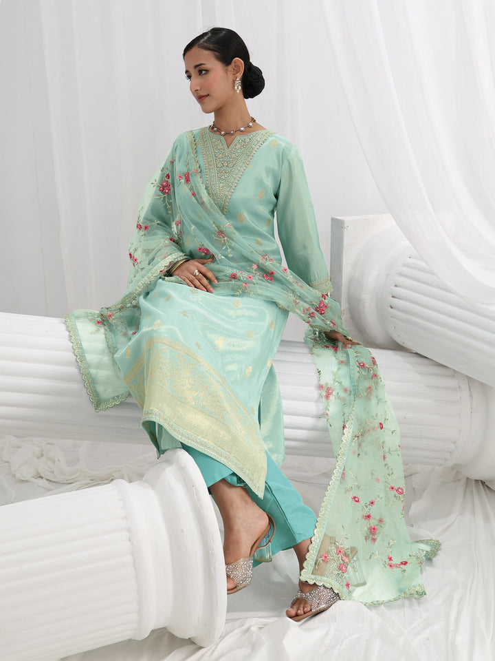 Blue Woven Design Silk Blend Straight Suit Set With Dupatta