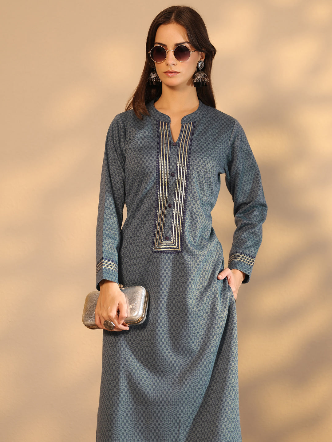 Blue Woven Design Wool Straight Kurta