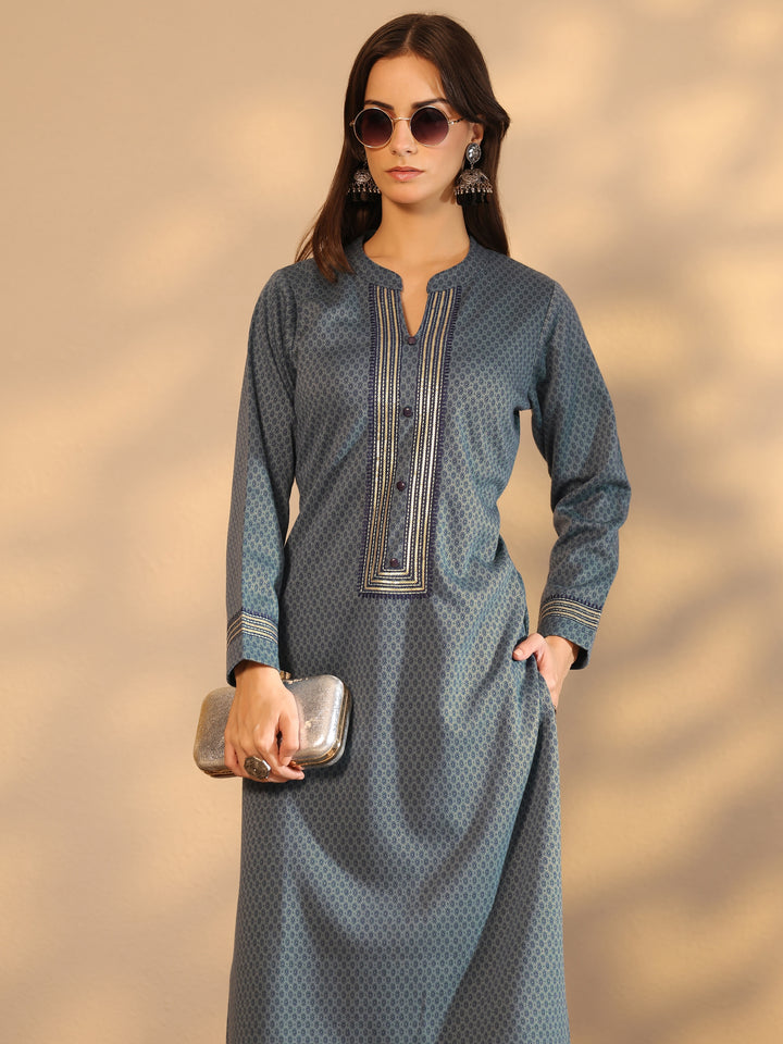 Blue Woven Design Wool Straight Kurta