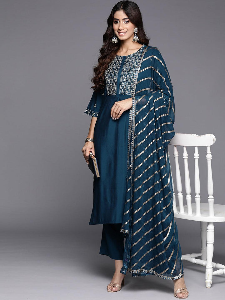 Blue Yoke Design Silk Blend Straight Kurta With Trousers & Dupatta - Libas