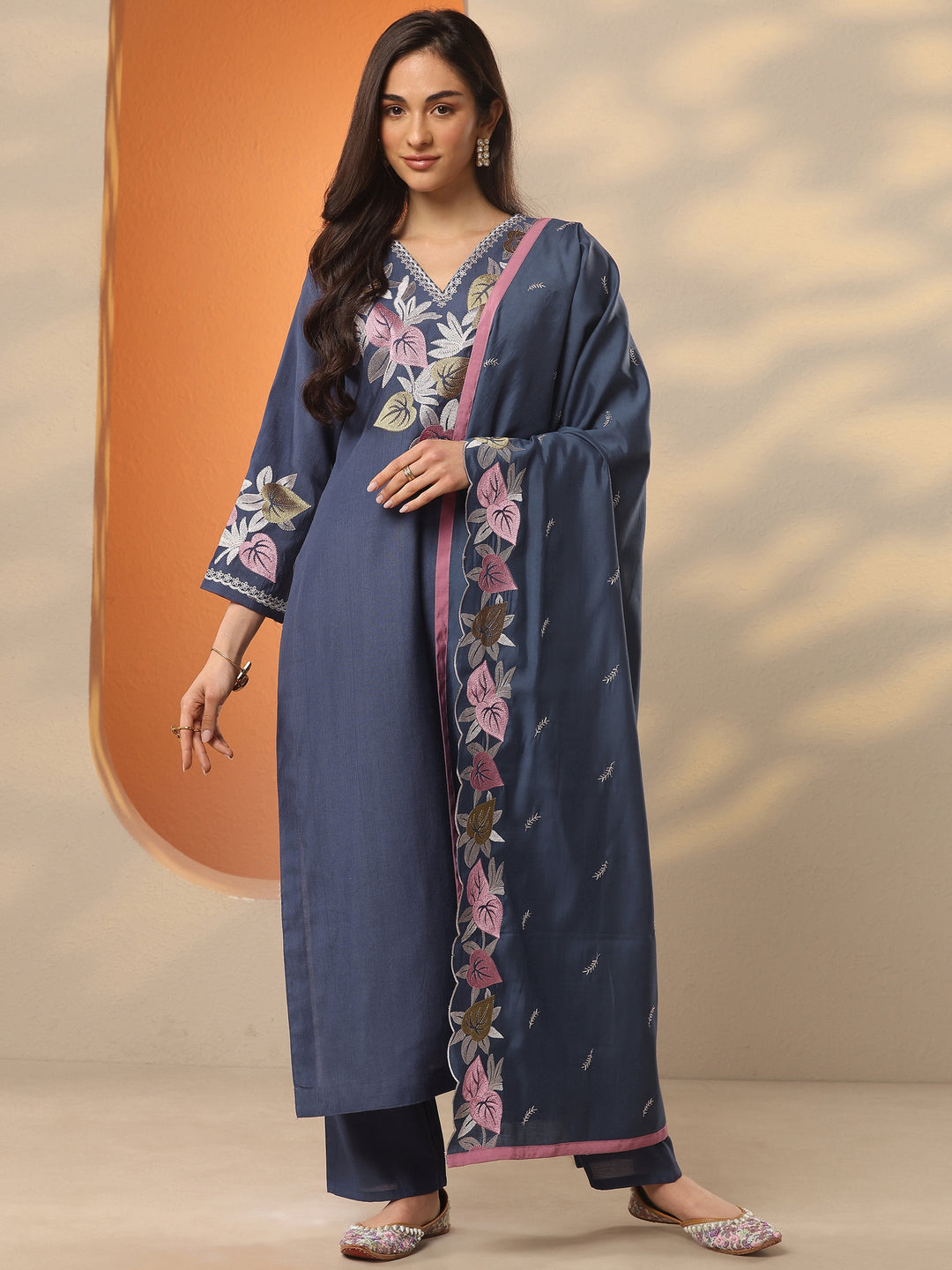 Blue Yoke Design Silk Blend Straight Suit Set With Dupatta