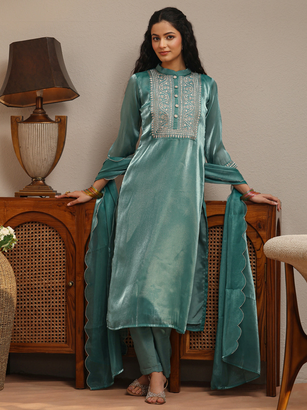 Blue Yoke Design Tissue Straight Suit Set