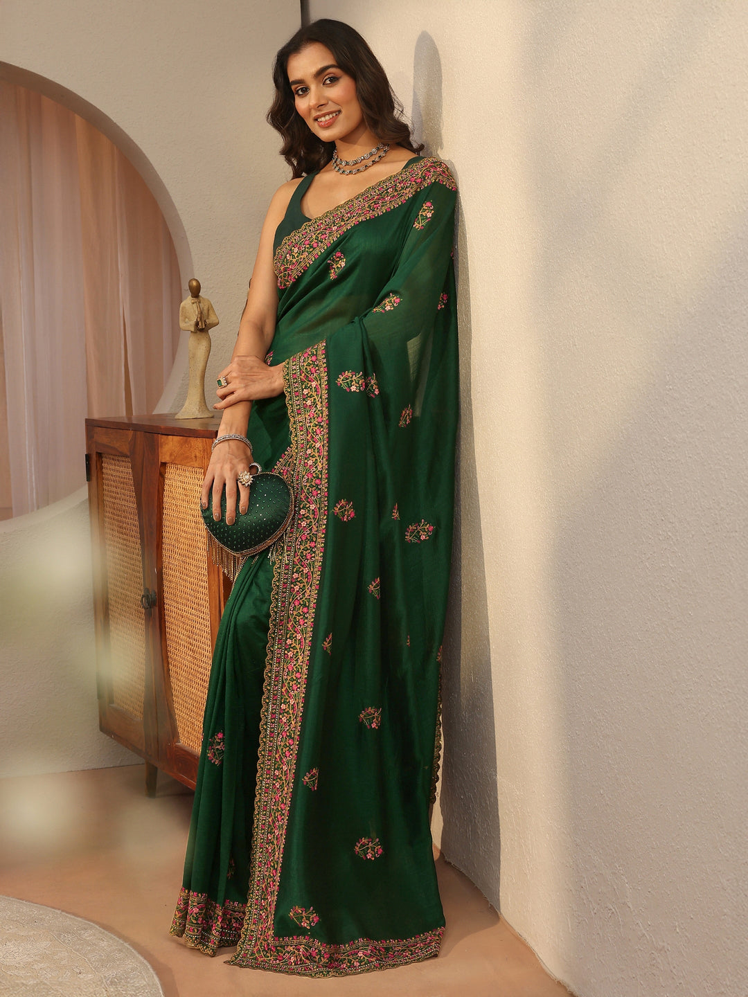Bottle Green Floral Embroidered Silk Blend Saree