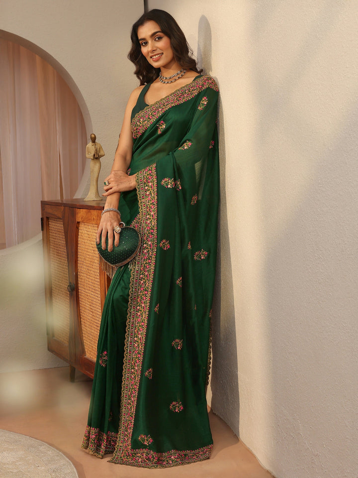 Bottle Green Floral Embroidered Silk Blend Saree