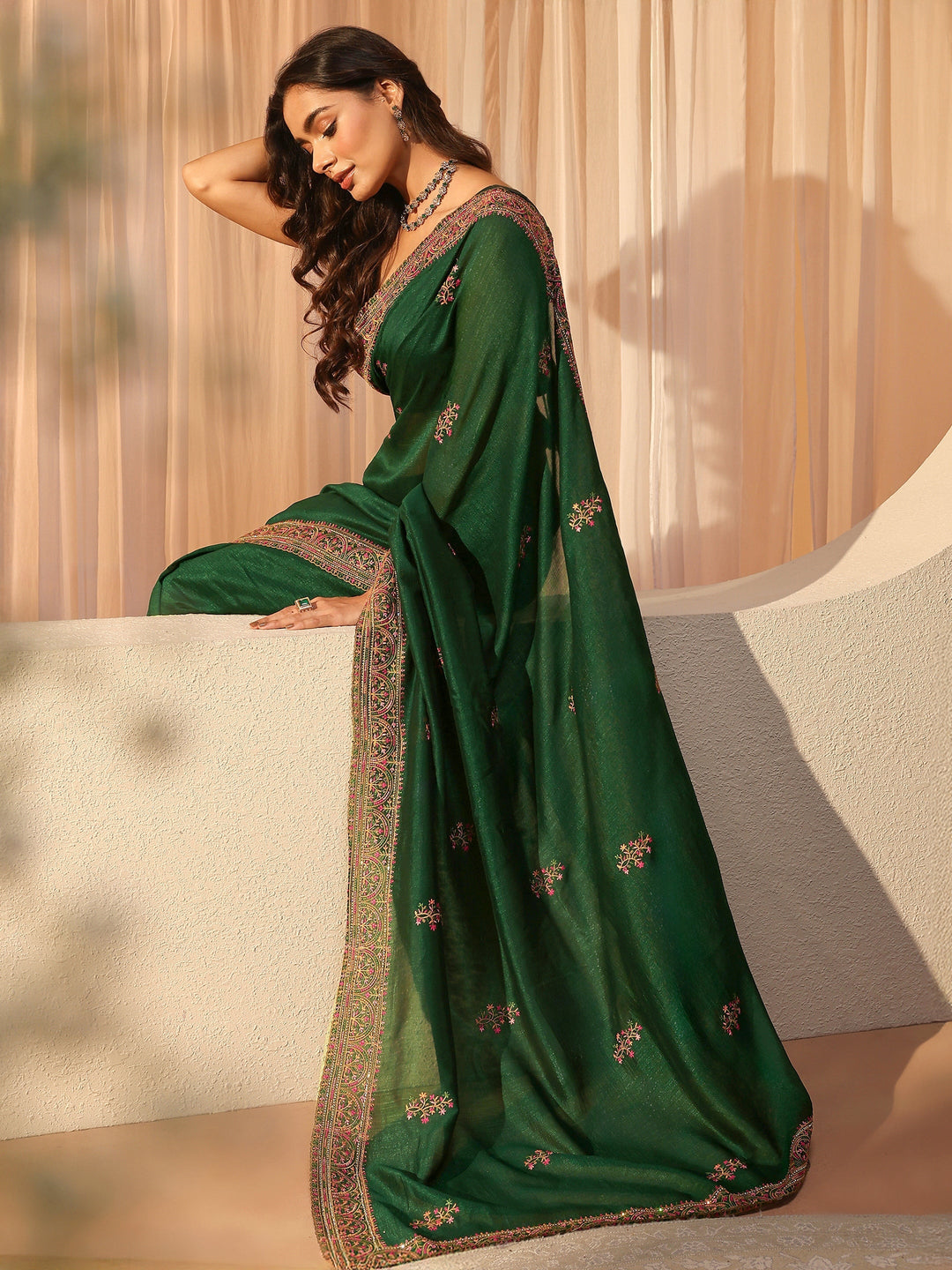 Bottle Green Floral Embroidered Silk Blend Saree