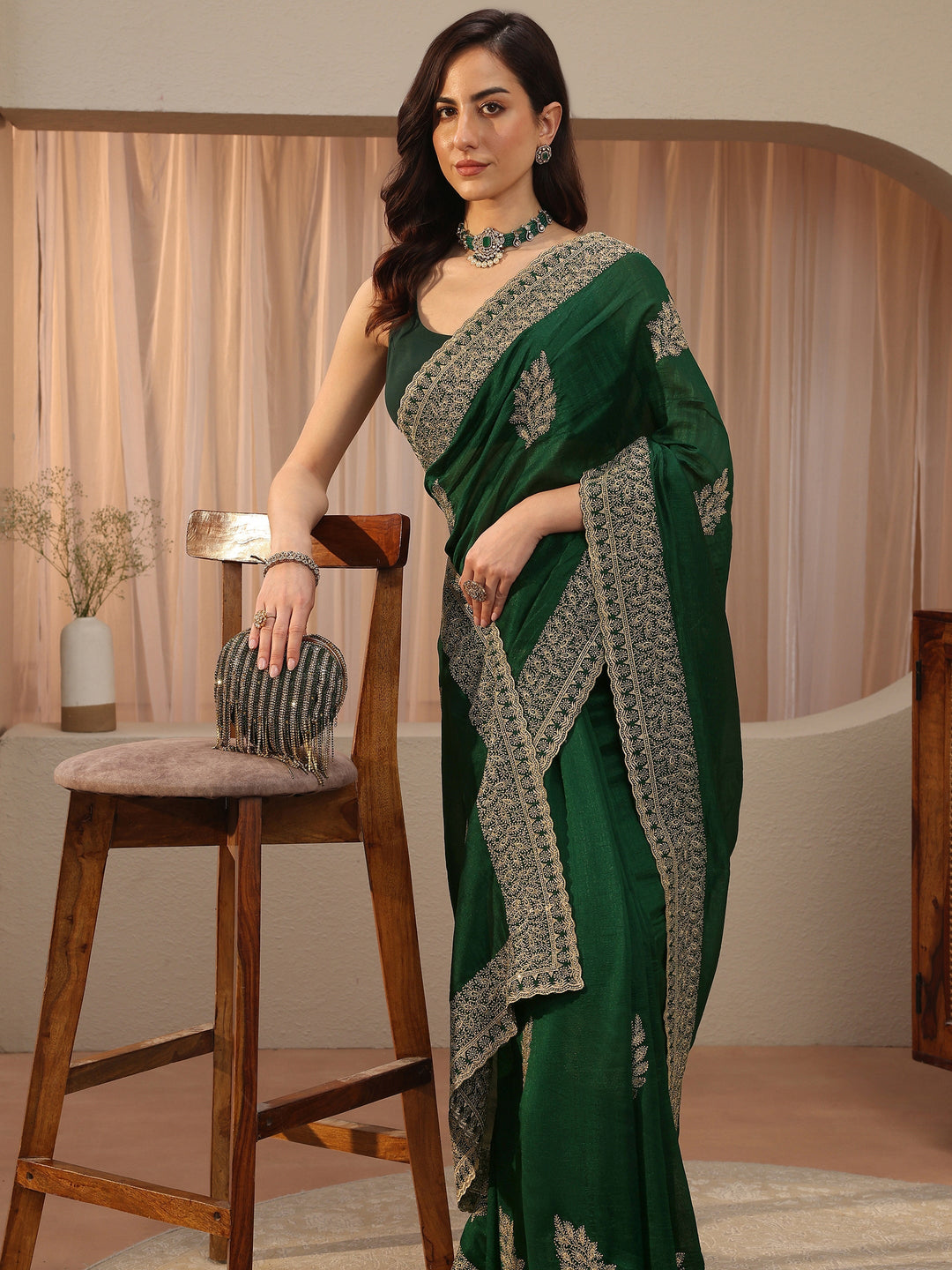 Bottle Green Floral Embroidered Silk Blend Saree
