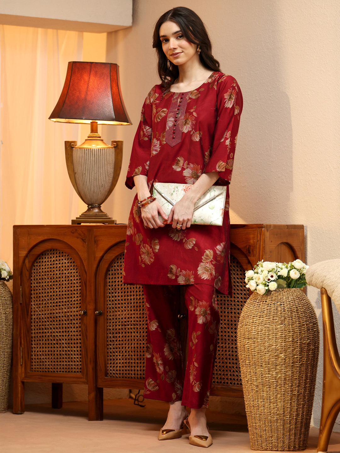 Brick Red Floral Printed Silk Blend Co-Ord Set