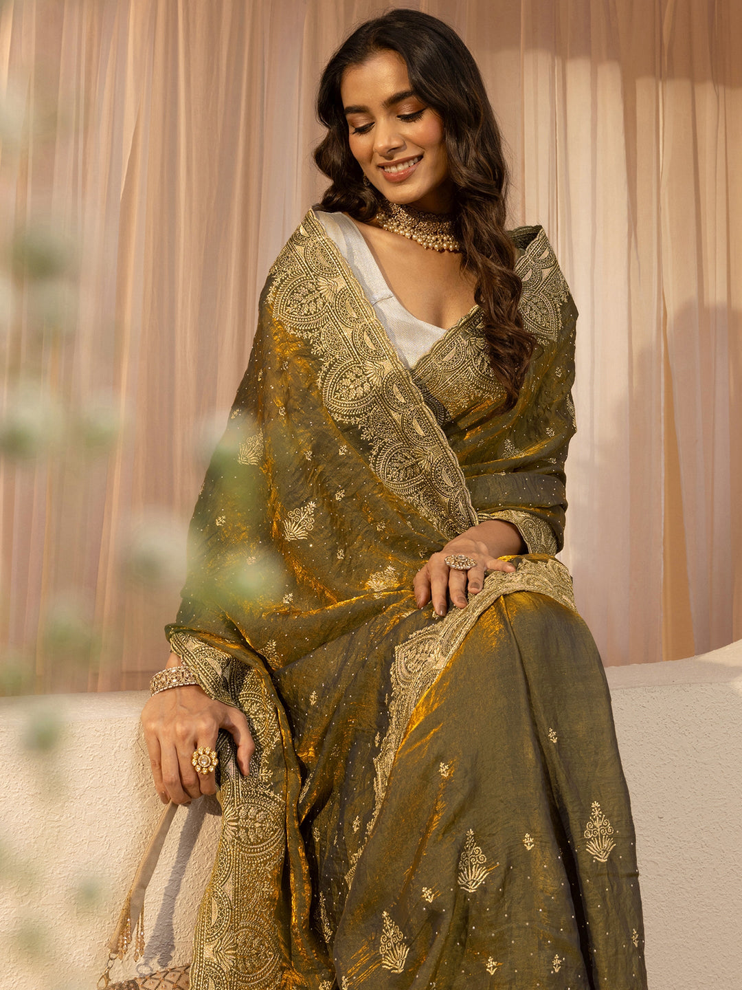 Bronze Olive Green Ethnic Embroidered Tissue Saree