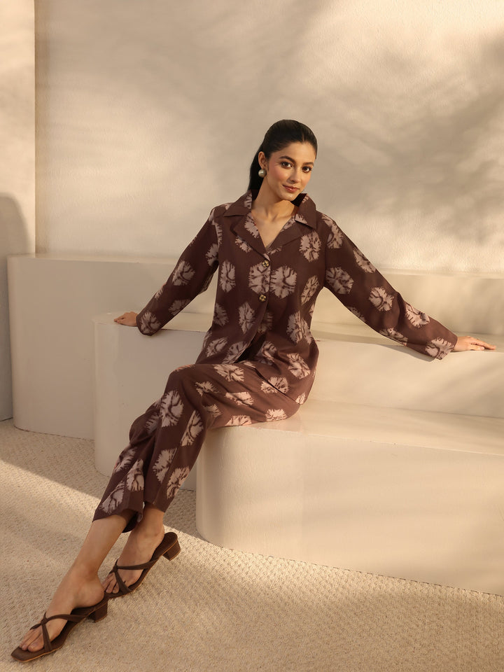 Brown Abstract Printed Cotton Blend Co-Ord Set