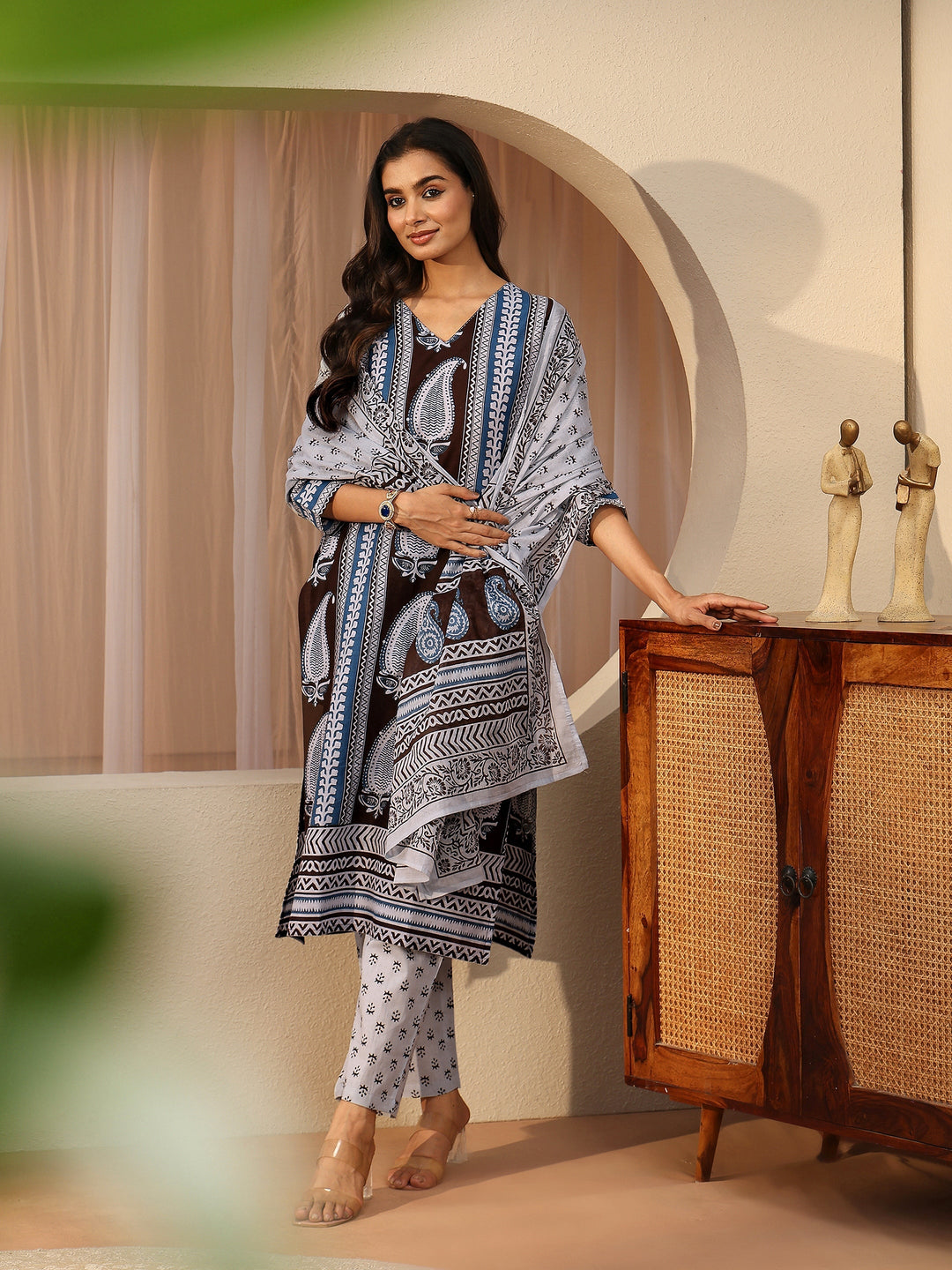 Brown Paisley Printed Cotton Straight Suit Set