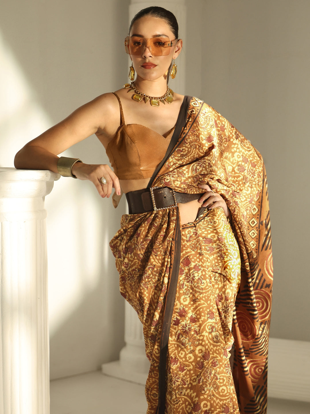 Brown Bagru Print Cotton Saree