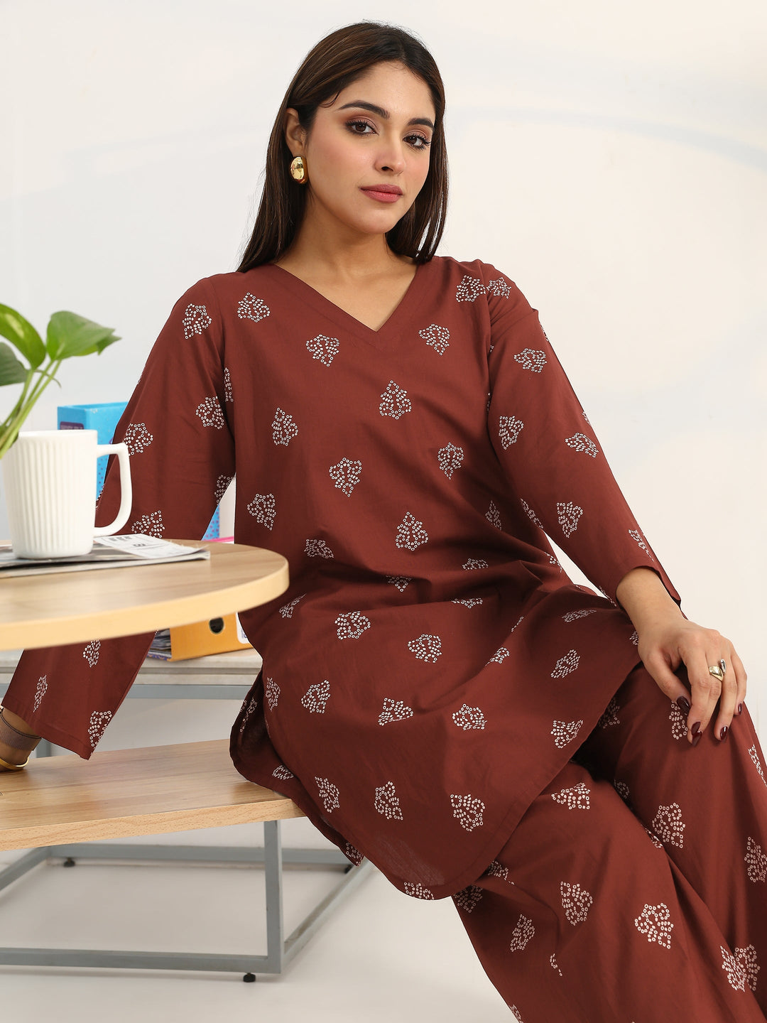 Brown Bandhani Printed Cotton Blend Straight Kurta Set