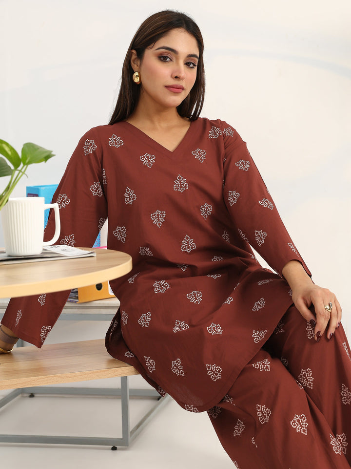 Brown Bandhani Printed Cotton Blend Straight Kurta Set