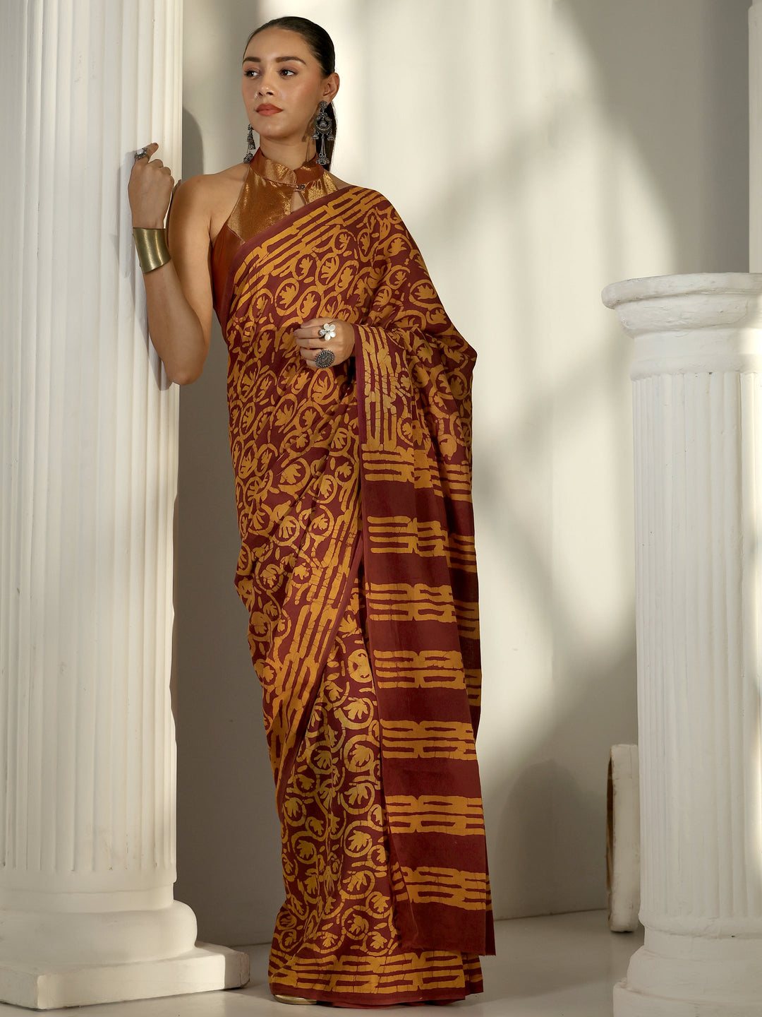 Brown Bagru Print Cotton Saree