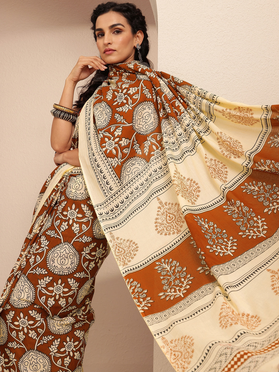 Brown Block Printed Cotton Saree With Unstitched Blouse Piece