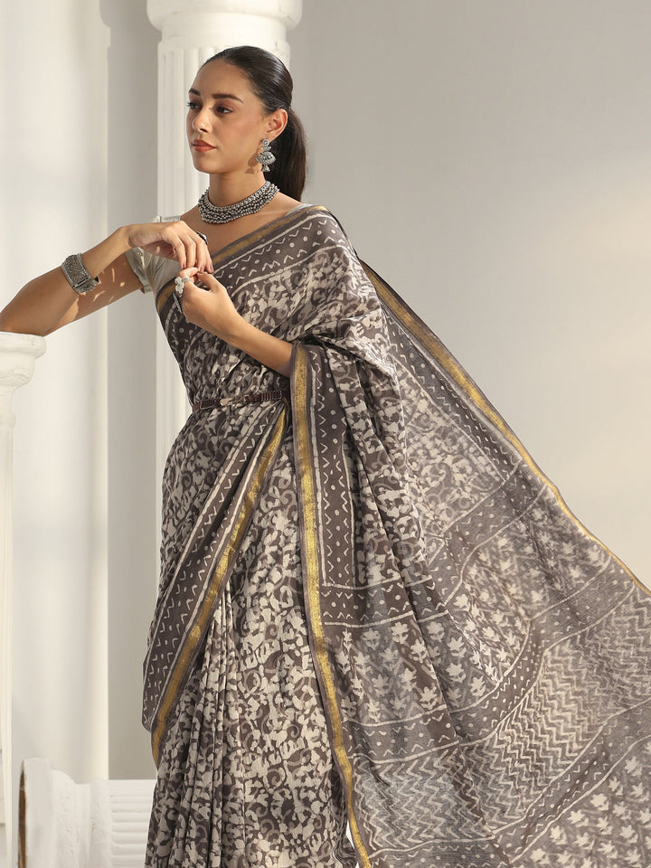 Brown Dabu Print Cotton Saree