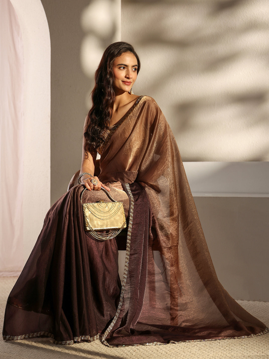 Brown Embellished Border Ombre Tissue Saree With Unstitched Blouse Piece