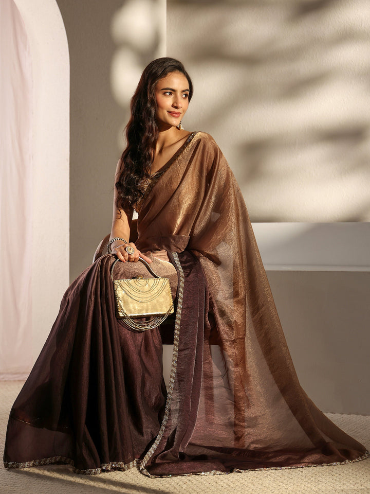 Brown Embellished Border Ombre Tissue Saree With Unstitched Blouse Piece