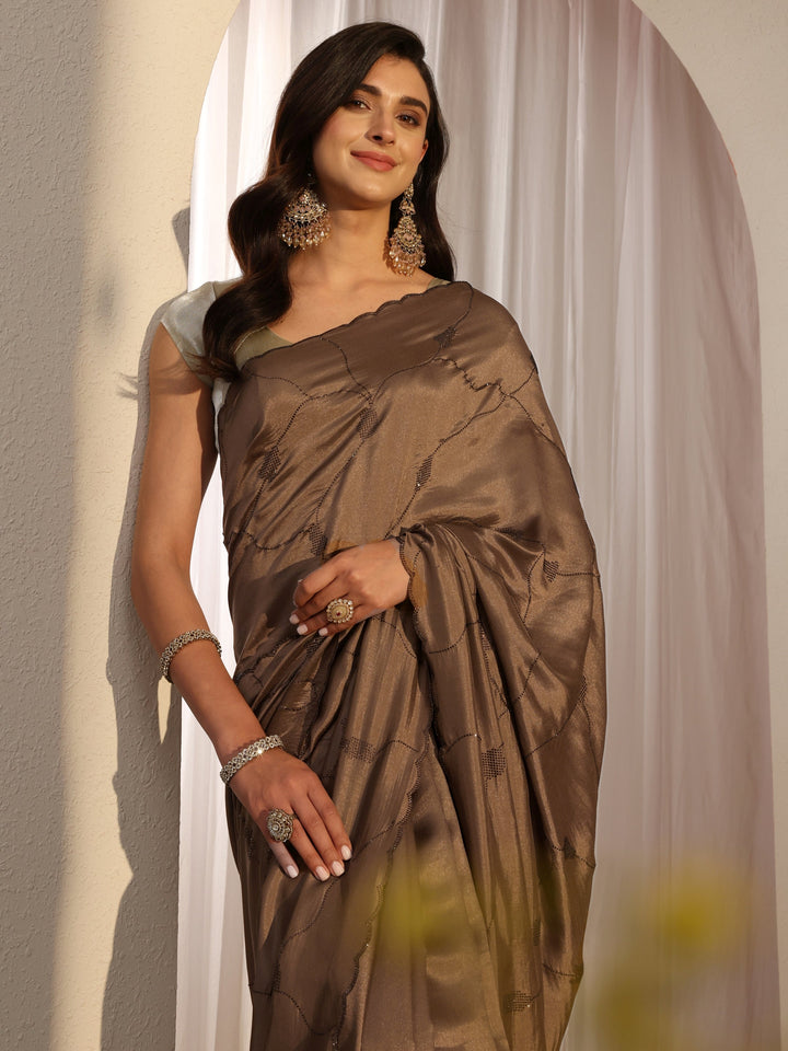 Brown Embellished Satin Saree With Unstitched Blouse Piece