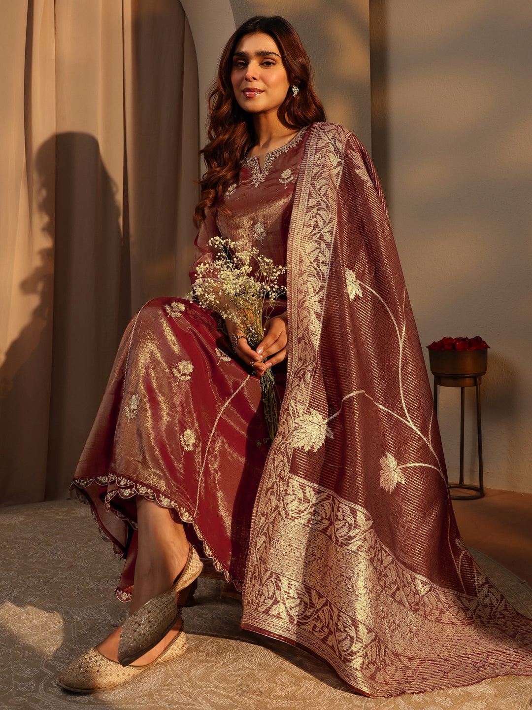 Brown Embellished Silk Blend A-Line Suit Set With Dupatta