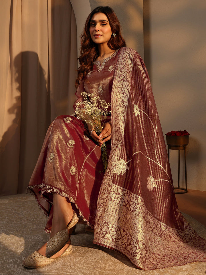 Brown Embellished Silk Blend A-Line Suit Set With Dupatta